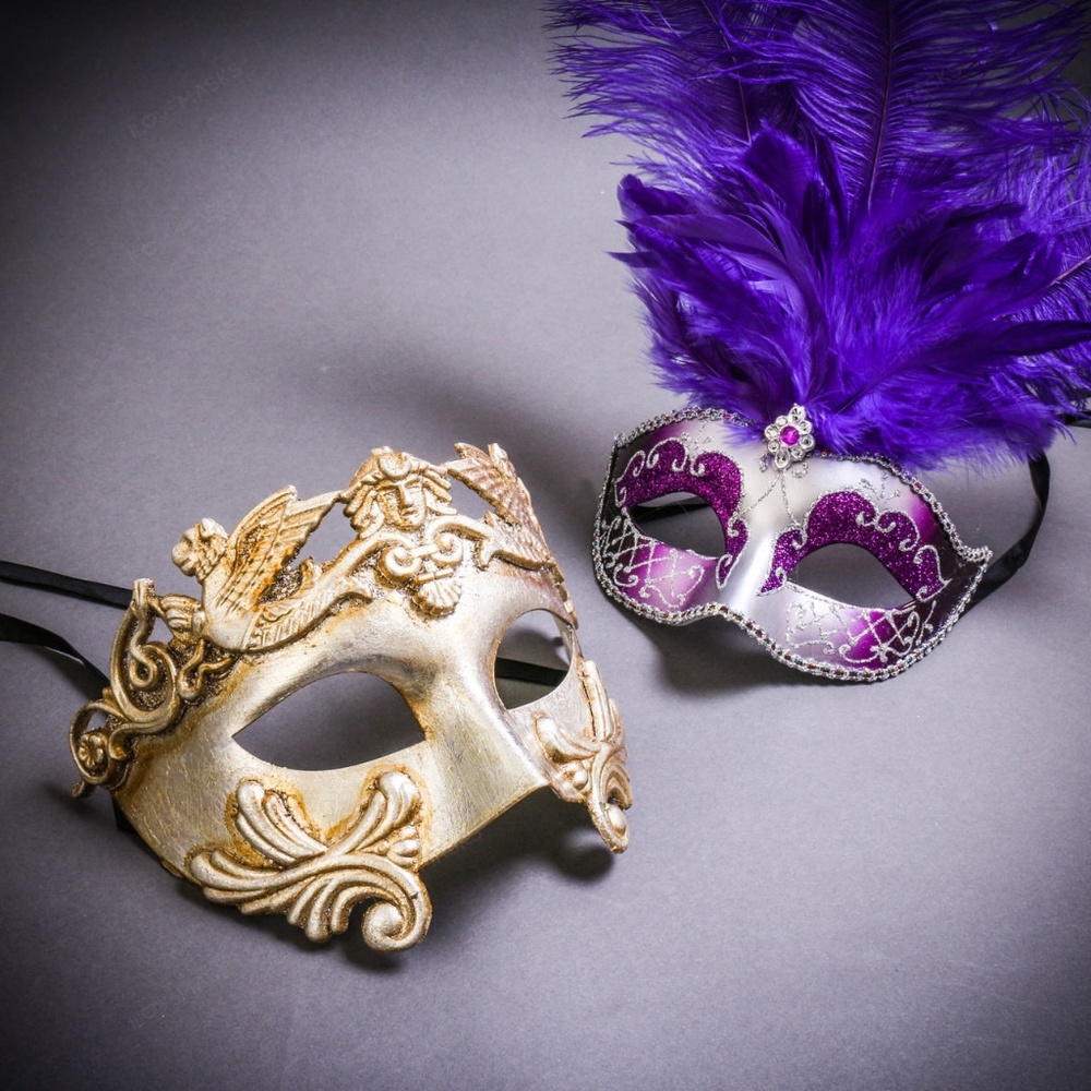Silver Roman Greek Emperor Purple Feather Women Mardi Gras Dance Party Eye Mask